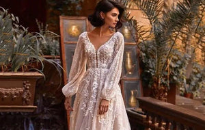 Vintage Wedding Dress- Lace V Neck Long Sleeve Bridal Gown | Wedding & Bridal Party Dresses