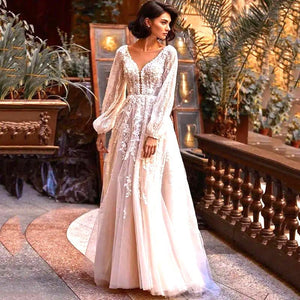 Vintage Wedding Dress- Lace V Neck Long Sleeve Bridal Gown | Wedding & Bridal Party Dresses