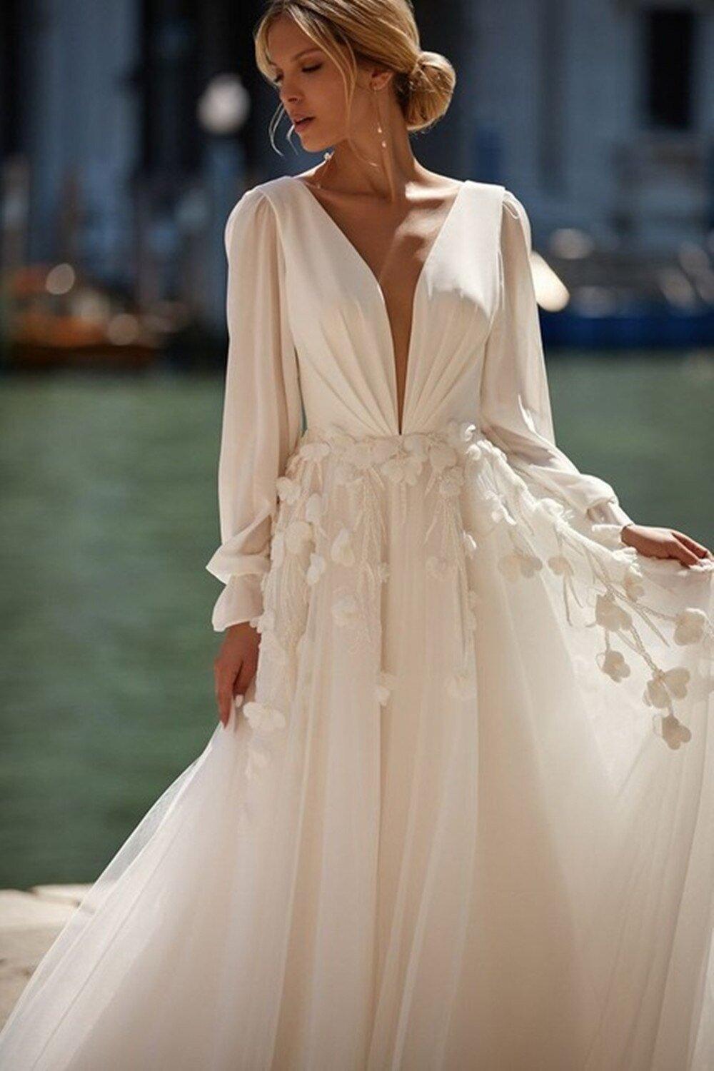 Long Sleeve Wedding Dress-Puff Sleeves V Neck | Wedding Dresses