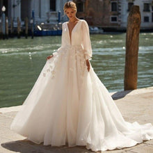 Load image into Gallery viewer, Long Sleeve Wedding Dress-Puff Sleeves V Neck | Wedding Dresses
