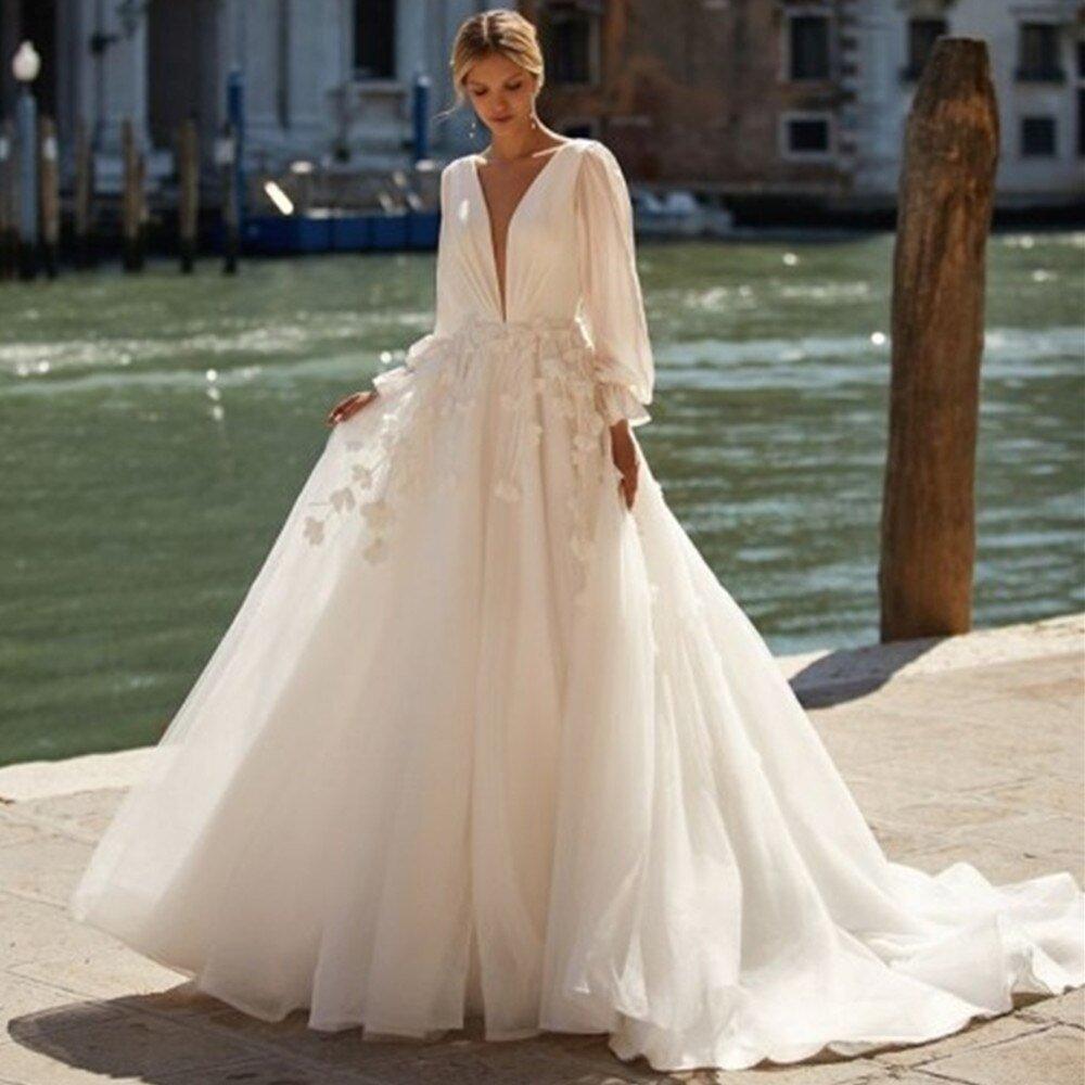 Long Sleeve Wedding Dress-Puff Sleeves V Neck | Wedding Dresses