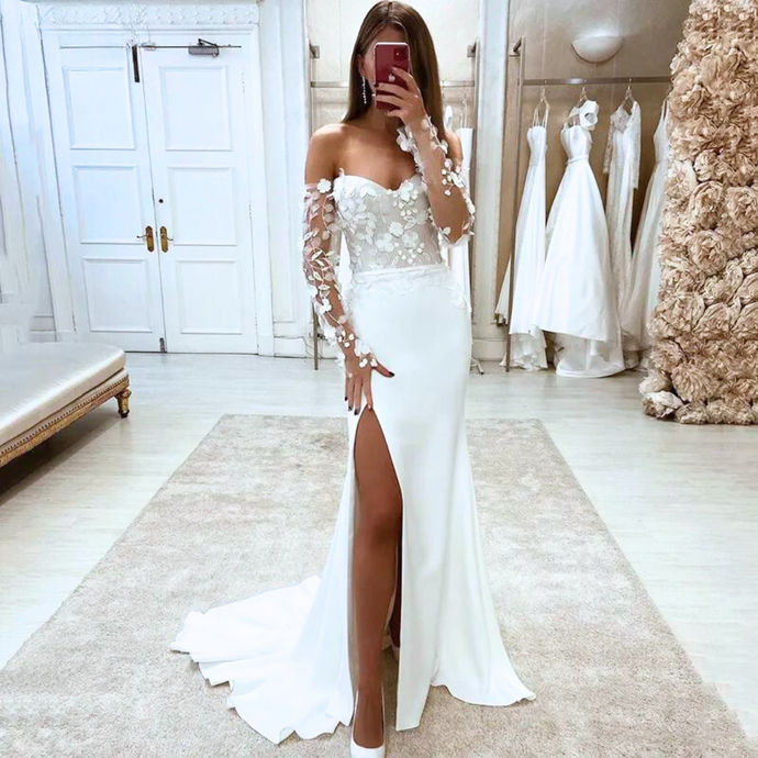 Elegant Off Shoulder 3D Flower Lace Beach Wedding Dress Broke Girl Philanthropy