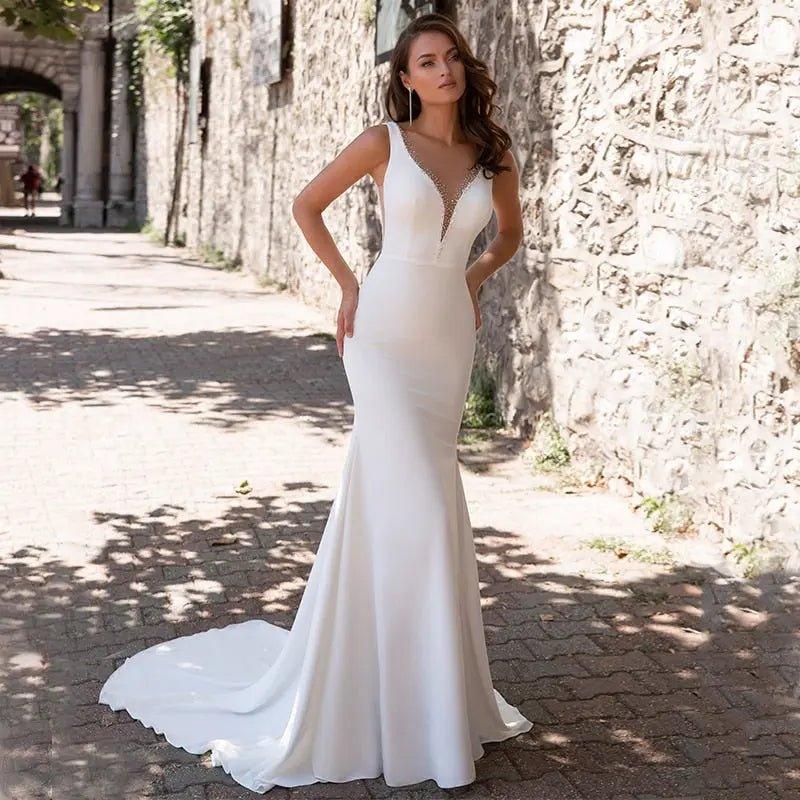 Elegant Simple Mermaid Beach Wedding Dress | V Neck Satin Broke Girl Philanthropy