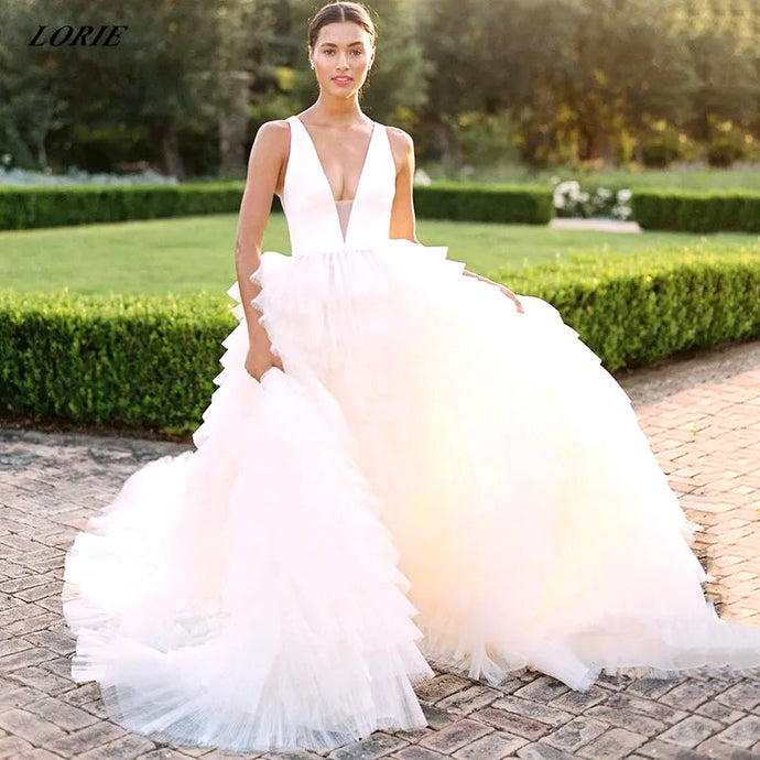 Ball Gown Wedding Dress - Deep V-Neck, Backless, Sleeveless | Wedding Dresses