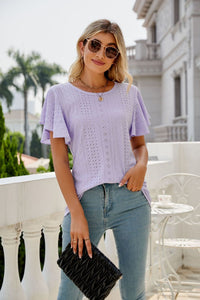 Womens Blouse-Eyelet Flutter Sleeve Round Neck Top | Tops/Blouses & Shirts