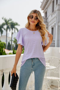 Womens Blouse-Eyelet Flutter Sleeve Round Neck Top | Tops/Blouses & Shirts