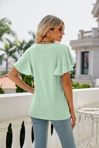 Womens Blouse-Eyelet Flutter Sleeve Round Neck Top | Tops/Blouses & Shirts