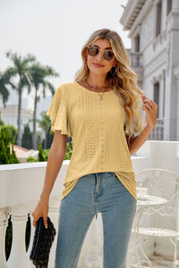 Womens Blouse-Eyelet Flutter Sleeve Round Neck Top | Tops/Blouses & Shirts