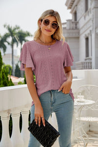 Womens Blouse-Eyelet Flutter Sleeve Round Neck Top | Tops/Blouses & Shirts