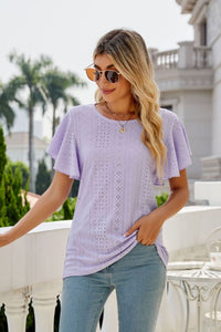 Womens Blouse-Eyelet Flutter Sleeve Round Neck Top | Tops/Blouses & Shirts