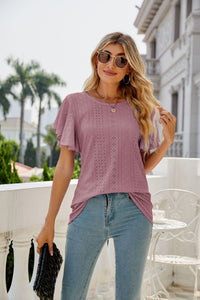 Womens Blouse-Eyelet Flutter Sleeve Round Neck Top | Tops/Blouses & Shirts