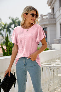 Womens Blouse-Eyelet Flutter Sleeve Round Neck Top | Tops/Blouses & Shirts