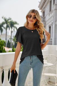 Womens Blouse-Eyelet Flutter Sleeve Round Neck Top | Tops/Blouses & Shirts