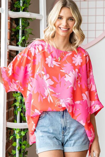 First Love Slit Printed Round Neck Half Sleeve Blouse Broke Girl Philanthropy