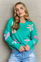 Load image into Gallery viewer, Womens Sweater-Floral Dropped Shoulder Ribbed Trim Sweater
