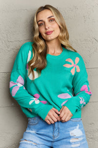 Womens Sweater-Floral Dropped Shoulder Ribbed Trim Sweater