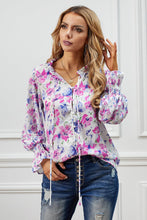 Load image into Gallery viewer, Womens Blouse-Floral Frill Trim Tie Neck Flounce Sleeve Blouse | Tops/Blouses &amp; Shirts
