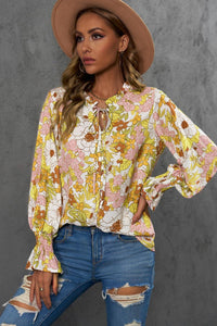 Womens Blouse-Floral Frill Trim Tie Neck Flounce Sleeve Blouse | Tops/Blouses & Shirts