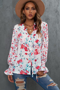 Womens Blouse-Floral Frill Trim Tie Neck Flounce Sleeve Blouse | Tops/Blouses & Shirts