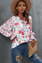 Load image into Gallery viewer, Womens Blouse-Floral Frill Trim Tie Neck Flounce Sleeve Blouse | Tops/Blouses &amp; Shirts
