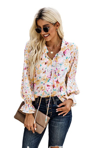 Womens Blouse-Floral Frill Trim Tie Neck Flounce Sleeve Blouse | Tops/Blouses & Shirts