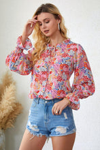 Load image into Gallery viewer, Womens Blouse-Floral Frill Trim Tie Neck Flounce Sleeve Blouse | Tops/Blouses &amp; Shirts
