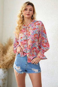 Womens Blouse-Floral Frill Trim Tie Neck Flounce Sleeve Blouse | Tops/Blouses & Shirts