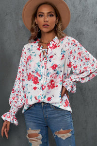 Womens Blouse-Floral Frill Trim Tie Neck Flounce Sleeve Blouse | Tops/Blouses & Shirts