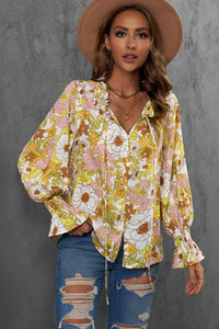 Womens Blouse-Floral Frill Trim Tie Neck Flounce Sleeve Blouse | Tops/Blouses & Shirts