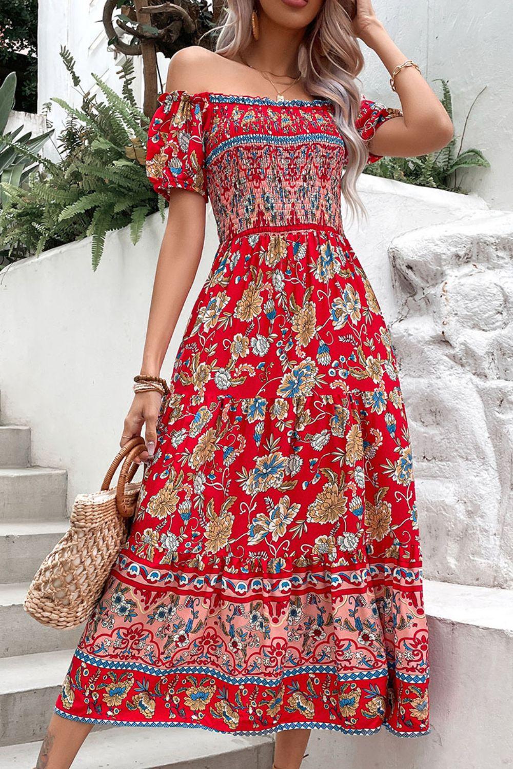 Womens Dress-Floral Off-Shoulder Smocked Midi Dress | Dresses/Maxi Dresses