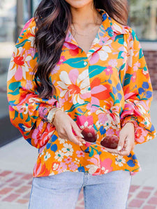 Womens Blouse-Floral Print Collared Neck Lantern Sleeve  Shirt | Tops/Blouses & Shirts