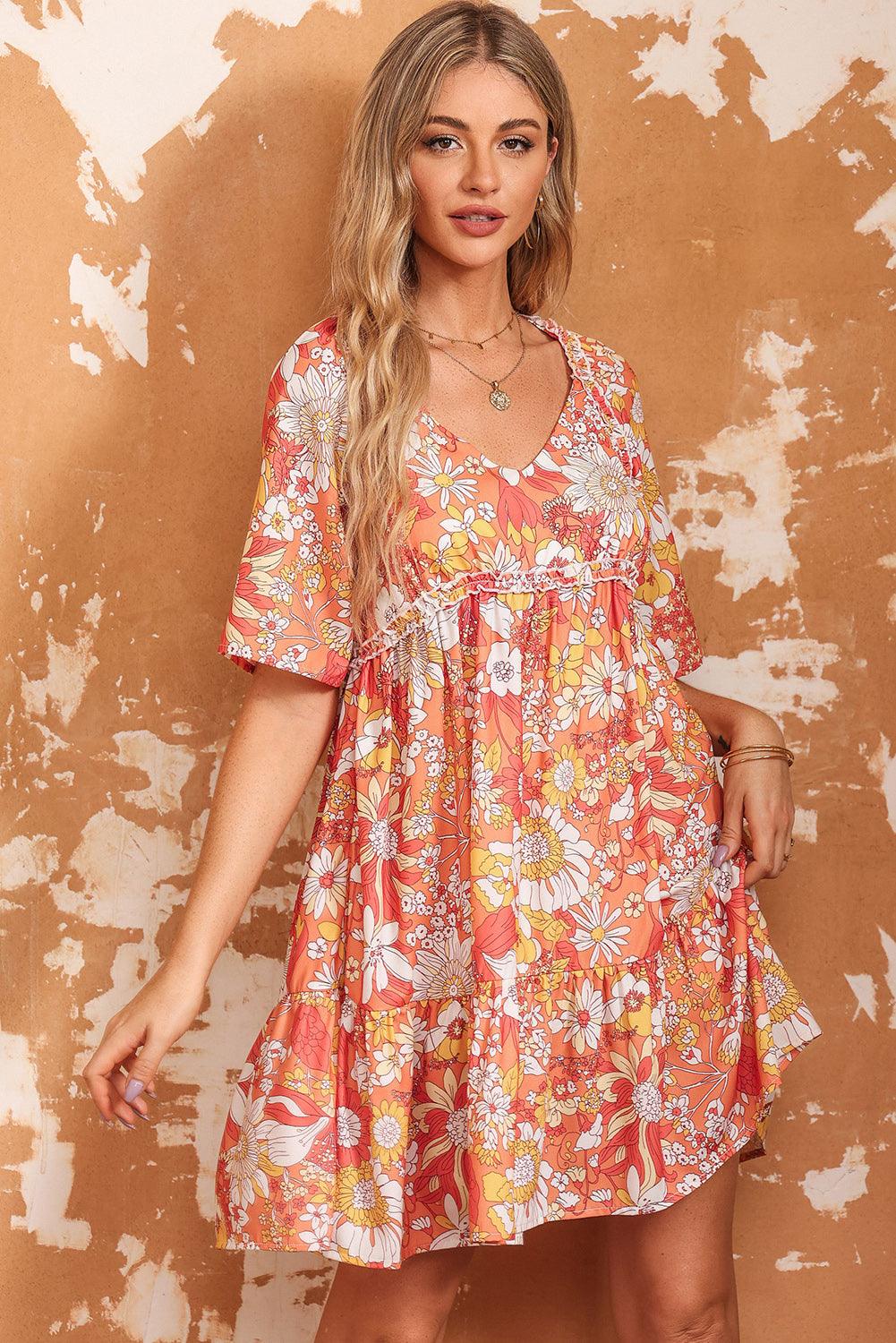 Womens Mini Dress-Floral Print V-Neck Short Sleeve Frill Trim Mini Dress