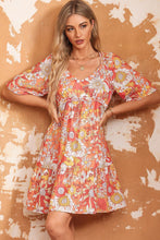 Load image into Gallery viewer, Womens Mini Dress-Floral Print V-Neck Short Sleeve Frill Trim Mini Dress

