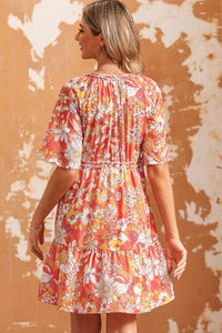 Womens Mini Dress-Floral Print V-Neck Short Sleeve Frill Trim Mini Dress