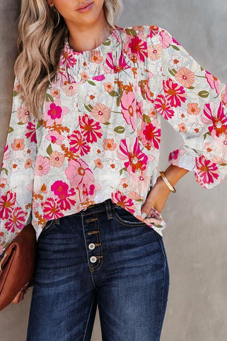 Womens Blouse-Floral Round Neck Balloon Sleeve Blouse | top