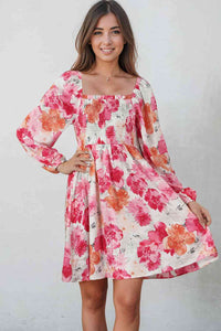Womens Dress-Floral Smocked Square Neck Long Sleeve Dress | Dresses/Midi Dresses