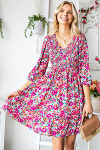 Womens Dress-Floral Smocked V-Neck Flounce Sleeve Dress | Dresses/Mini Dresses