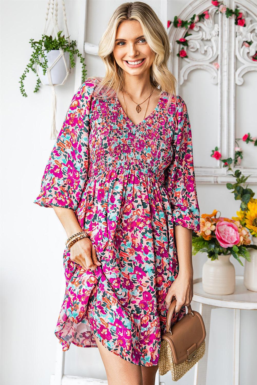 Womens Dress-Floral Smocked V-Neck Flounce Sleeve Dress | Dresses/Mini Dresses