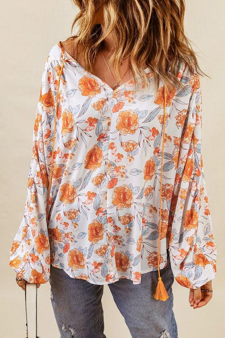 Womens Blouse-Floral Tie Neck Balloon Sleeve Blouse | top