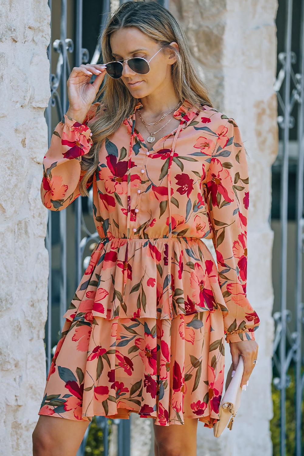 Womens Dress-Floral Tie Neck Long Sleeve Layered Dress | Dresses/Mini Dresses