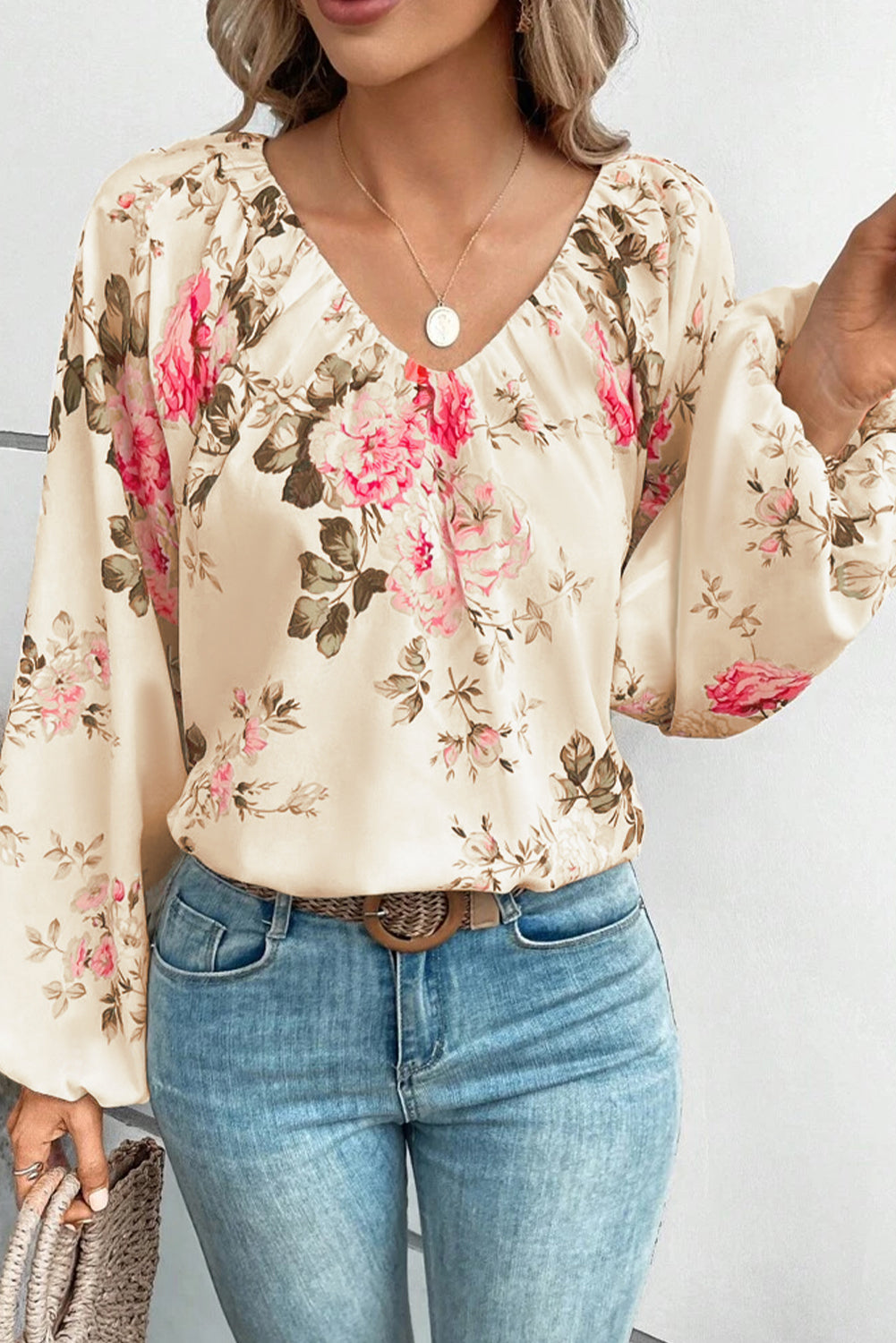 Womens Blouse-Floral V-Neck Balloon Sleeve Blouse | Tops/Blouses & Shirts