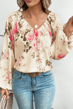 Load image into Gallery viewer, Womens Blouse-Floral V-Neck Balloon Sleeve Blouse | Tops/Blouses &amp; Shirts
