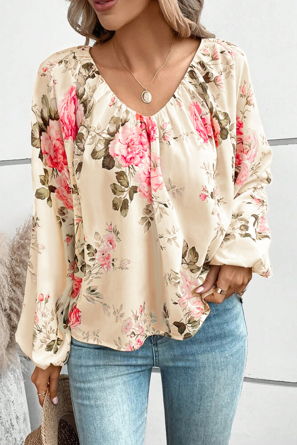 Womens Blouse-Floral V-Neck Balloon Sleeve Blouse | Tops/Blouses & Shirts