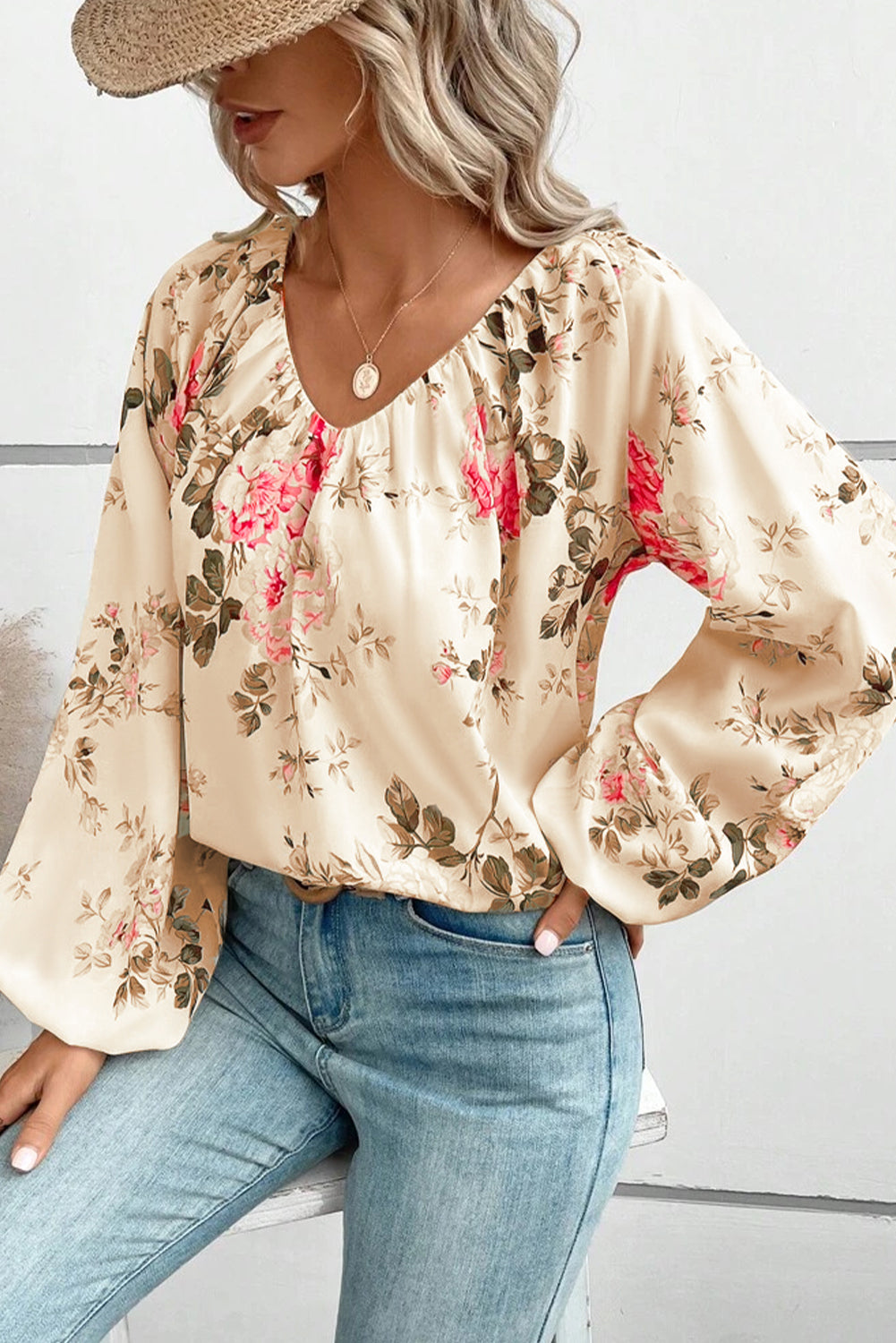 Womens Blouse-Floral V-Neck Balloon Sleeve Blouse | Tops/Blouses & Shirts