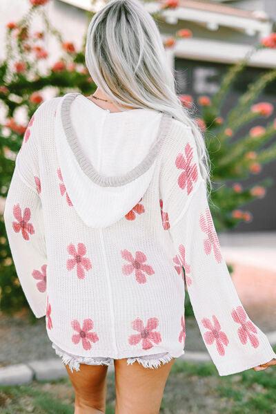 Womens Sweater-Flower Dropped Shoulder Hooded Sweater | top