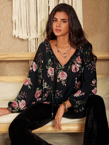 Womens Blouse-Flower Printed Tie Neck Long Sleeve Blouse | Tops/Blouses & Shirts