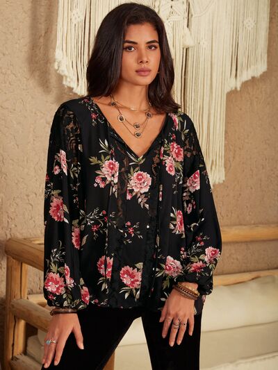 Womens Blouse-Flower Printed Tie Neck Long Sleeve Blouse | Tops/Blouses & Shirts