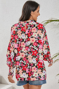 Bohemian Blouse-Frill Floral Mock Neck Lantern Sleeve Blouse | top