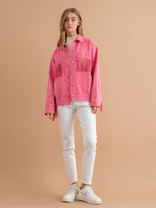 Womens Jacket-Fringe Detail Dropped Shoulder Denim Jacket