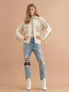 Womens Jacket-Fringe Detail Dropped Shoulder Denim Jacket